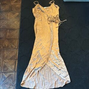 Wayf Cream and Gold Asymmetrical High-Low Slip Dress